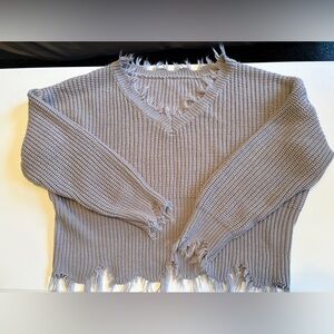 SHEIN Gray Frayed V-Neck Sweater